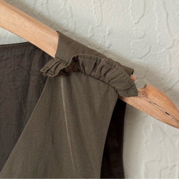 PINKO V-Neck Ruffle Olive Green Brown Sleeveless A-Line Dress Size 6 - Picture 7 of 16